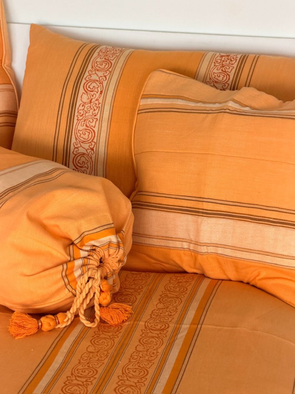 Nepalese Handwoven Gold Stripes Roll Pillow Cover with Tassels
